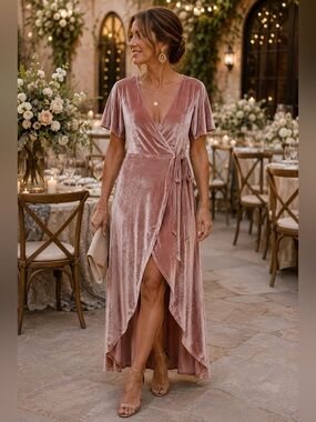 Fantastic Fawn Champagne Rose Velvet Wrap Maxi Dress NWOT L Flutter Sleeve